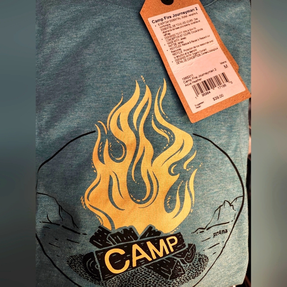 NWT PrAna Campfire Journeyman 2 Tee Organic Cotton Jersey T-Shirt Aqua Medium - Picture 5 of 9